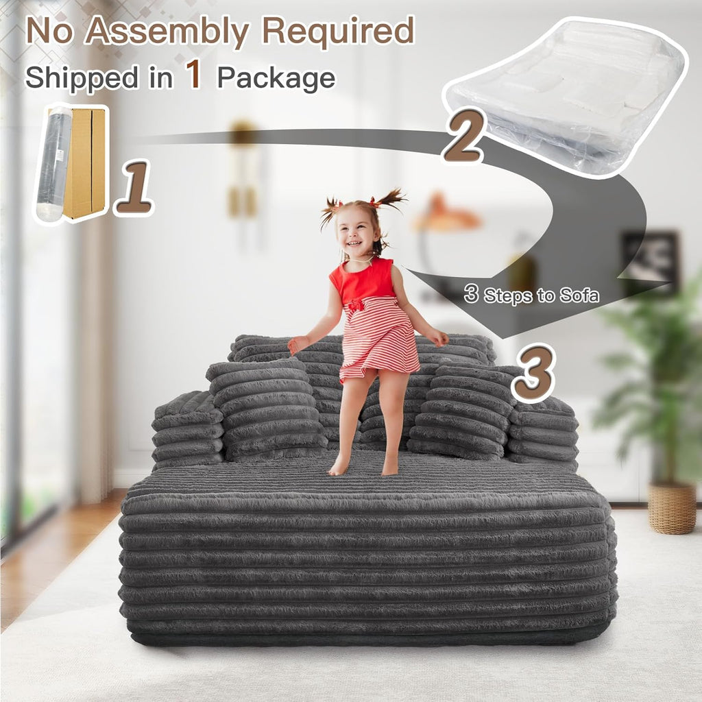 JEEOHEY 56" Oversized Chaise Lounge Chair Indoor,Plush Faux Fur Sleeper Sofa Couch Bed with Pillows&Wide Armrests,Fluffy Comfy Cloud Couch,Compression Foam Couch for Living Room,Bedroom(Grey)