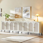 Modern TV Stands for 85 Inch TVs, 123.5‬"W Wood Entertainment Center w/Adjustable Shelves, Mid Century Modern TV Stand w/Arched Fluted Doors, Media Console Cabinet for Living Room, Cream