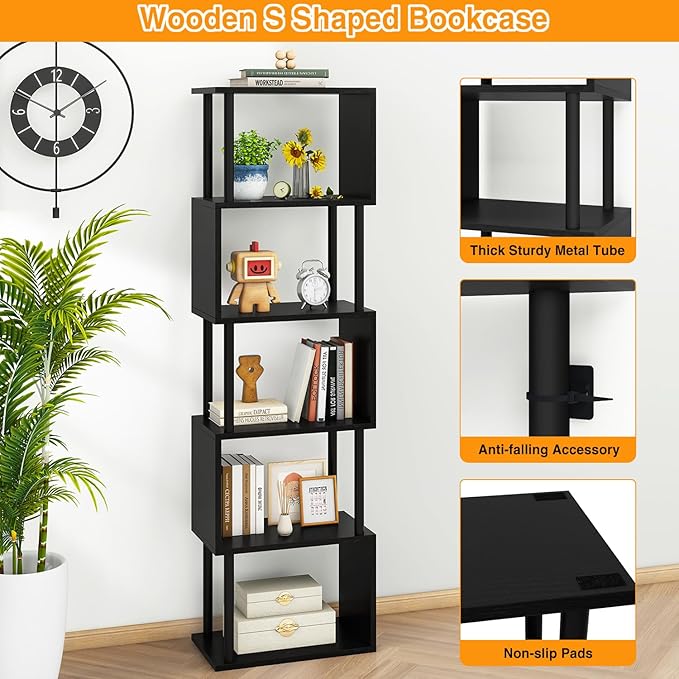IBUYKE 6-Tier Tall Bookshelf,S-Shaped Geometric Bookcase, Wood Display Shelve...