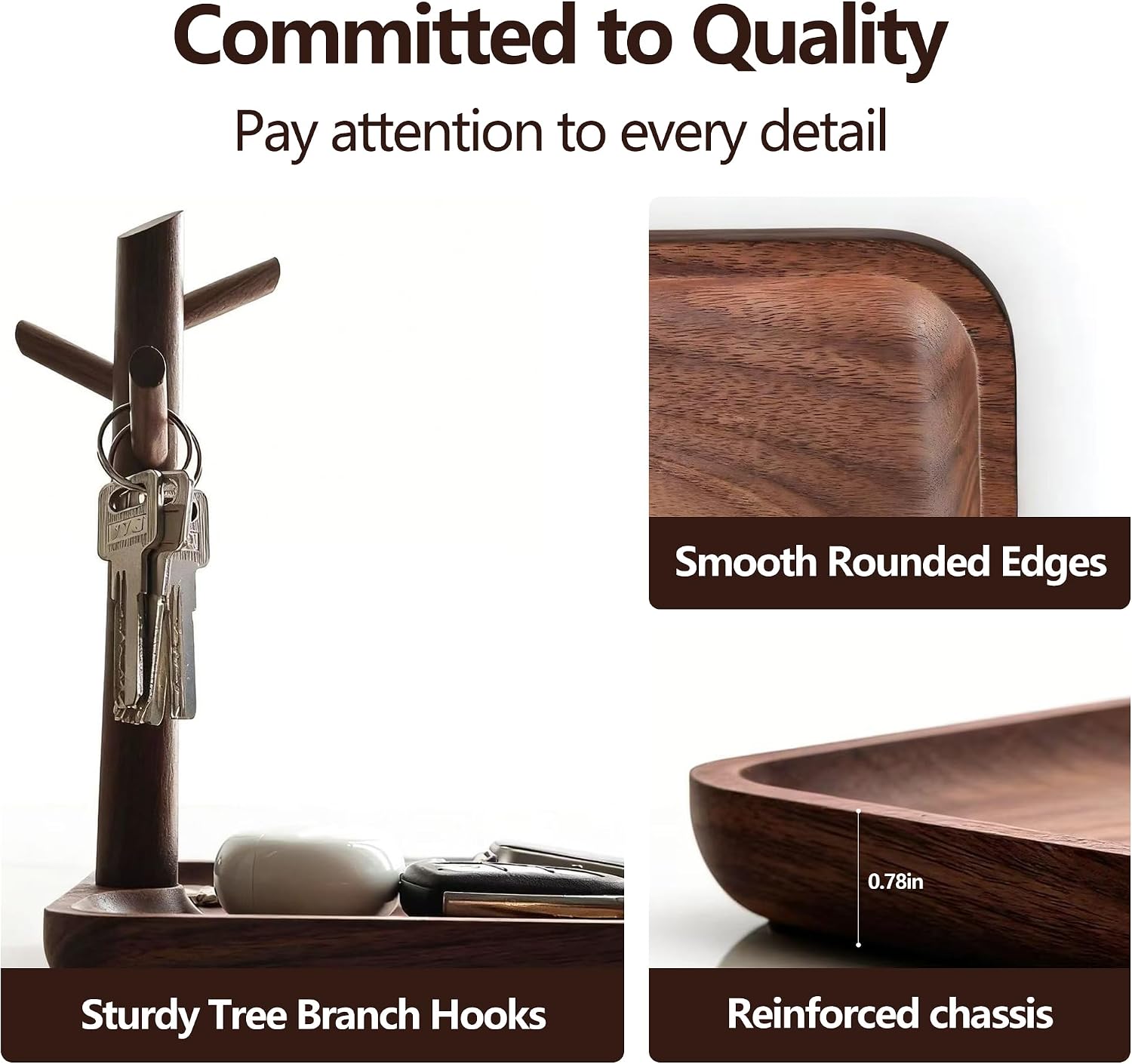 Solid Black Walnut Wooden Key Tray, Key Bowl for Entryway Table | Multi-Functional Table top Key Holder ; Wood key Dish with 3 Hooks ; Organizer for Wallet, Watch, Change, and Jewelry