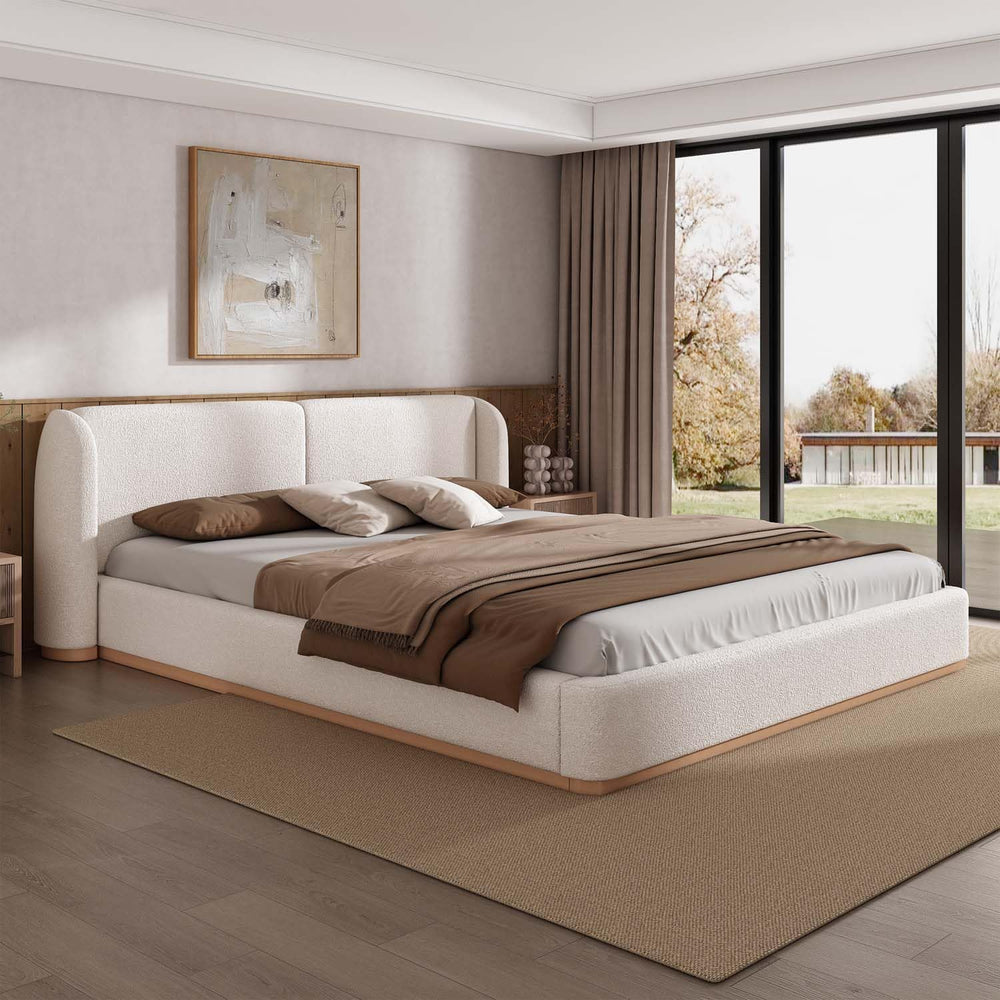King Size Boucle Bed Frame, Soft Cloud Bed Frame with Upholstered Wingback He...