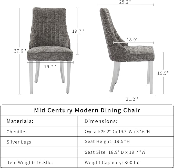 Grey Mid Century Dining Chairs Set of 6, Modern Kitchen & Dining Room Chairs Set of 6, Chenille Fabric Upholstered Kitchen Chairs, Sillas de Comedor, Silver Legs (Gray, 6 Pcs)