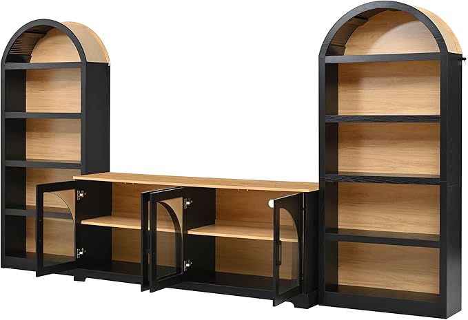 3-Piece Retro TV Stand Set with Bookshelf, Entertainment Center with Arched Design for TVs up to 70'', Farmhouse Media Console with Tempered Glass Doors for Living Room, Black