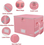 ENGPOW File Box with Lock, Fireproof Document Box with Pockets, Collapsible File Organizer Filing Storage Cabinet with Handle, Portable Home Office Safe for Hanging Letter/Legal Folders, Pink, 2 Pack