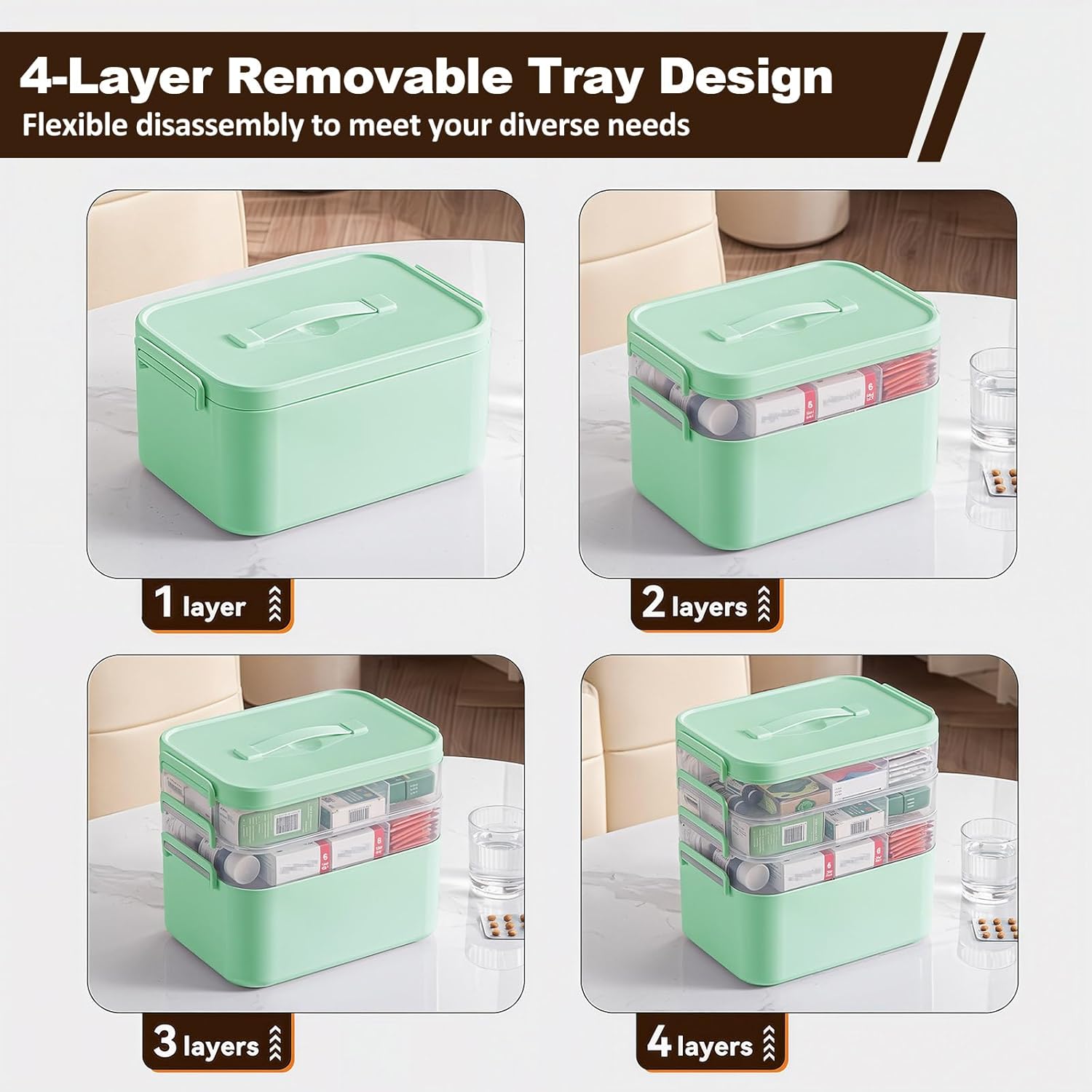 4-Tier Portable Medicine Cabinet Organizer, Large Medicine Storage Box with Handle, Plastic First Aid Box Empty, Multipurpose Medical Supply Organizer, Medication Storage with 3 Removable Tray (Green)
