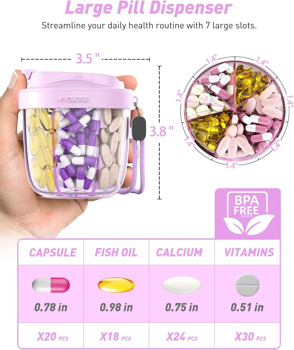 Pill Organizer,Pill Dispenser with 7 Large Compartments,Portable Pill Box for Travel, Anti-Mix Design & Wide Opening Design, Easy Access to Vitamin Dispenser, Includes 20 Blank Stickers(Purple)