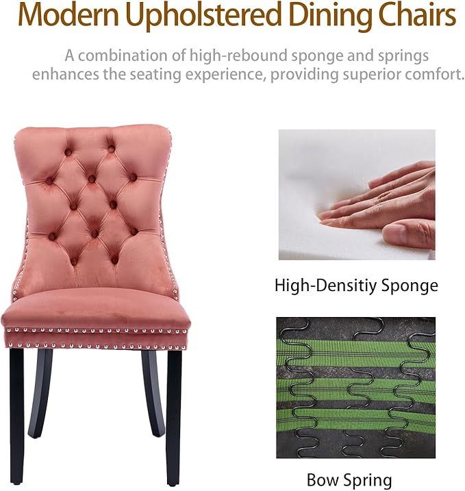 Pink Velvet Kitchen Chairs Set of 6, Tufted Upholstered Dining Room Chairs with Back Ring Pull, Nailhead Trim and Solid Wood Legs, Modern Dining Chairs for Dining Room, Kitchen,Pink