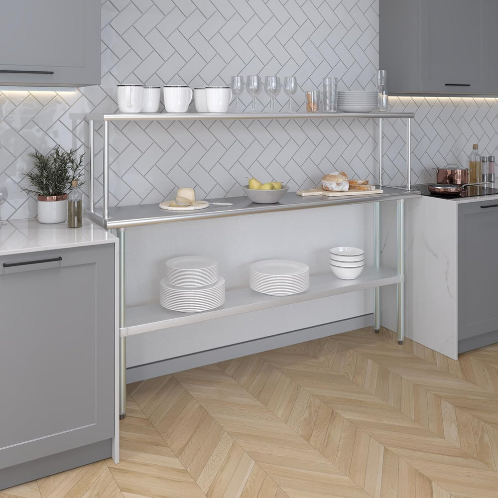 Stainless Steel Work Table with Wide Single Tier Overshelf | Metal Kitchen Pr...