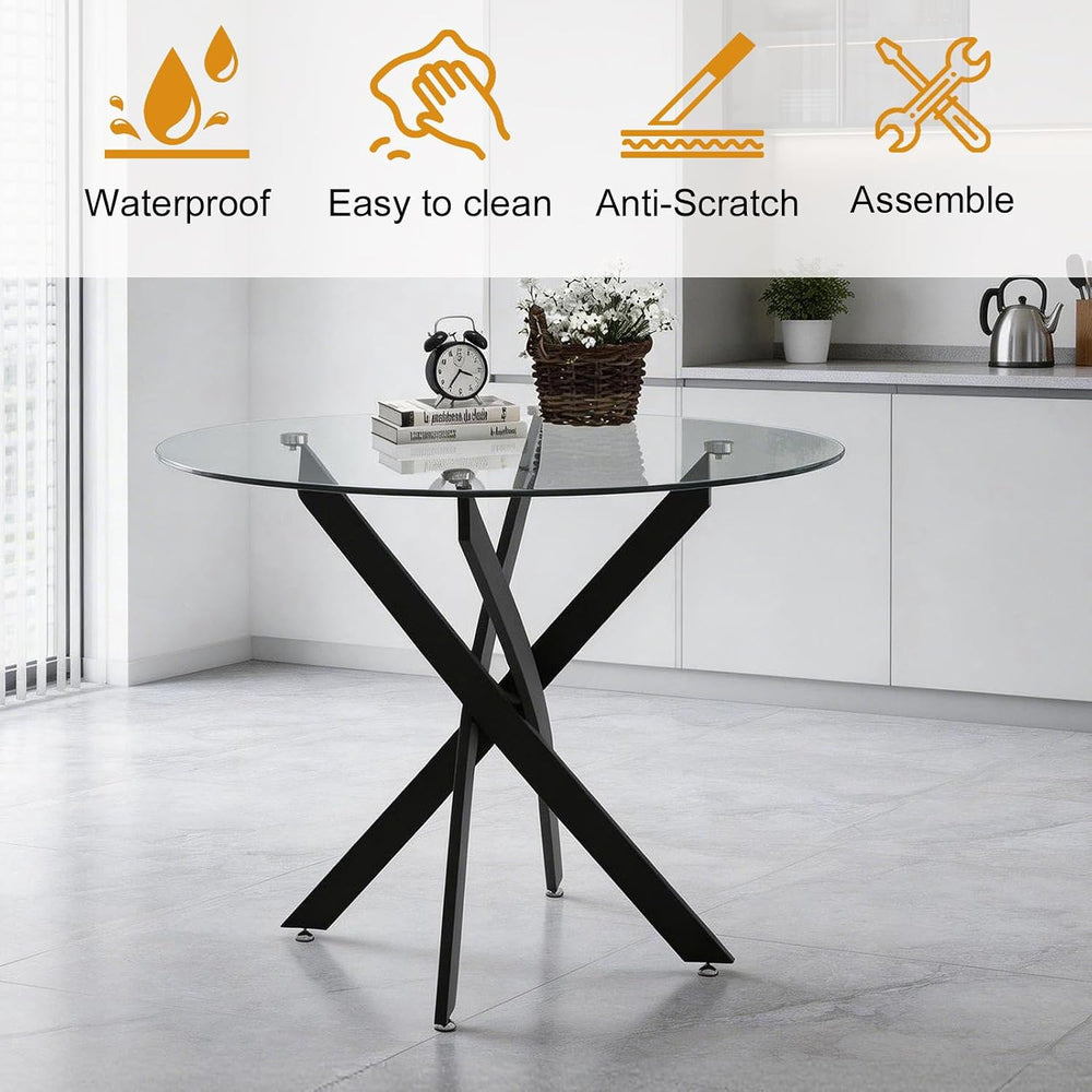 Dining Table Set for 4, Round Glass Kitchen Table with 4 Black Upholstered Ve...