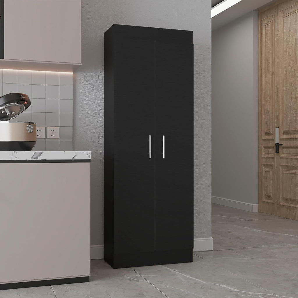 23.6" D*11.9" W*66.8" H Freestanding Kitchen Pantry with 4 Shelves, Double Door, Rectangular Wood Storage Cabinet, Traditional, for Living Room, Dining Room, Black