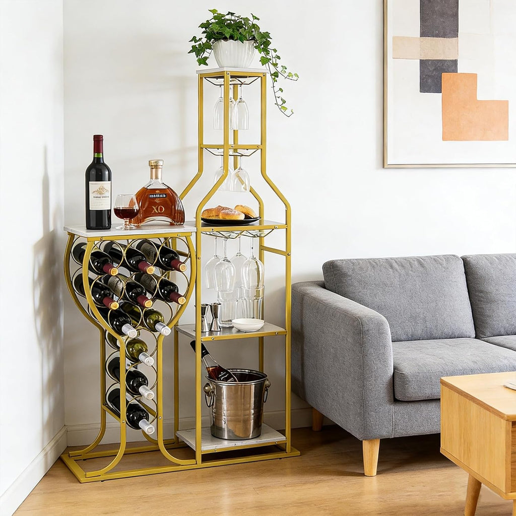 5-Tier Wine Rack Freestanding Floor, 11 Bottles Modern Wooden Wine Holder-Storage Cabinet for Home Bar, Kitchen, Dining Room Space Saving Bar Stand with Easy Assembly.(Gold/White)