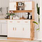 Kitchen Pantry Cabinet with Microwave Stand, Freestanding Cabinet Buffet Cupboard with Drawers, Doors and Open Shelves ﻿ Wooden Color