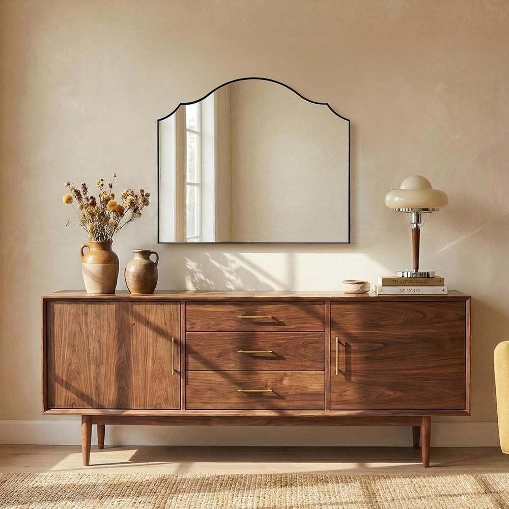 ANDY STAR Scalloped Arched Mantel Mirror, 32x28 Inch Black Vanity Mirror in S...