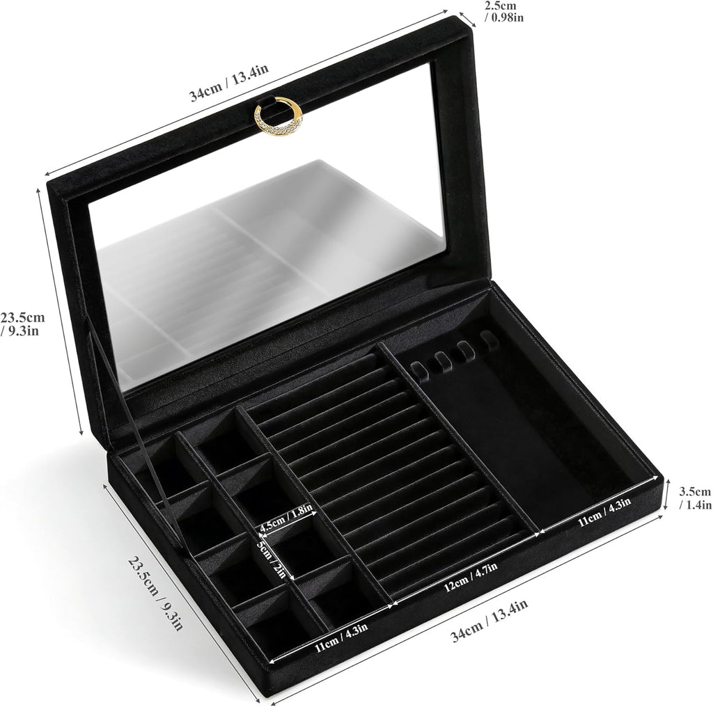 bussdis Glass Lid Jewelry Organizer Box – Black Velvet Jewelry Case with Ring Slots, Necklace Hooks & Removable Compartments for Earrings, Rings & Bracelets