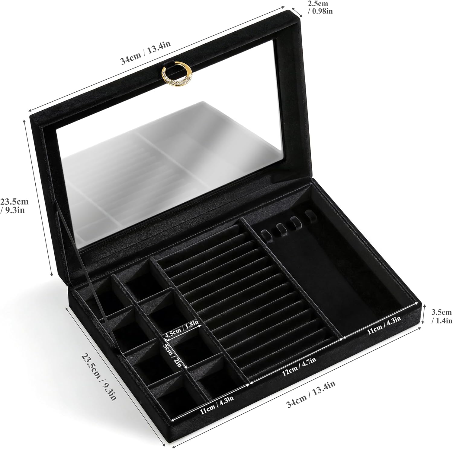 bussdis Glass Lid Jewelry Organizer Box – Black Velvet Jewelry Case with Ring Slots, Necklace Hooks & Removable Compartments for Earrings, Rings & Bracelets