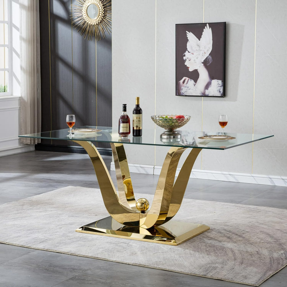 70" Modern Glass Dining Table for 6-8, Luxury Gold Glass Dining Room Tab...
