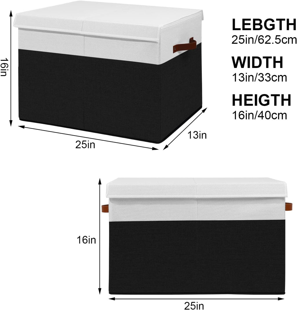 Large Toy Storage Box with Lid, Sturdy Toys Storage Chest Bin Organizer Basket with Dividers for Kids, Boys, Girls, Nursery, Closet, Bedroom, Playroom 25"x13" x16" (Black and White)