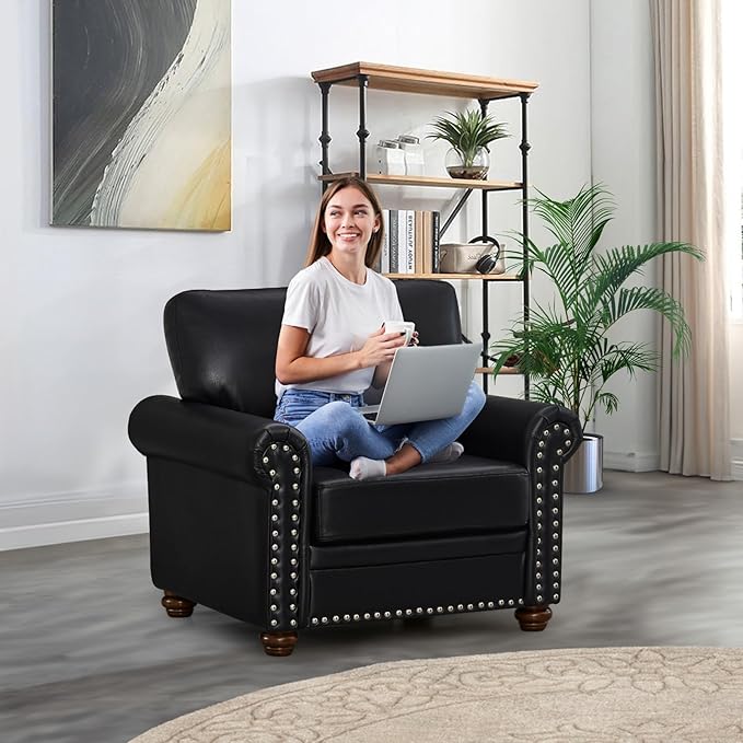 Faux Leather Accent Chair,35" W Upholstered Mid Century Modern Armchair with Rivet Rolled Arm,Deep Seat Comfy Single Sofa Chair for Living Room,Bedroom,Apartment,Office(Black)