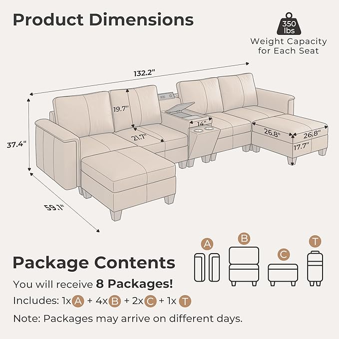 SITJOY 132" Faux Leather Modular Sectional Sofa with Storage, Mid Century Modern Sectional Couches for Living Room, 6 Seat U Shaped Couch with Chaise and Console Table, Hidden Cupholders, Brown