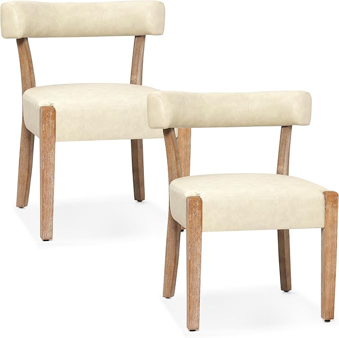 Modern Dining Chairs Set of 2, Faux Leather Upholstered Kitchen & Dining Room Chairs, Mid Century Modern Wooden Dining Chairs Oversized Sturdy Rounded Chairs Curved Back, Beige