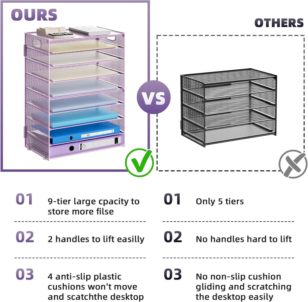 Marbrasse Paper Organizer Letter Tray, 9 Tier Mesh File Organizer with Handle, Paper Sorter Desk Organizer for Home Office Supplies - Purple
