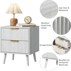 CARPETNAL Fluted Nightstand Set of 2, White Bedside Table with 2 Drawers and Gold Handles, Wood End Table Mid Century Night Stands for Bedroom Living Room