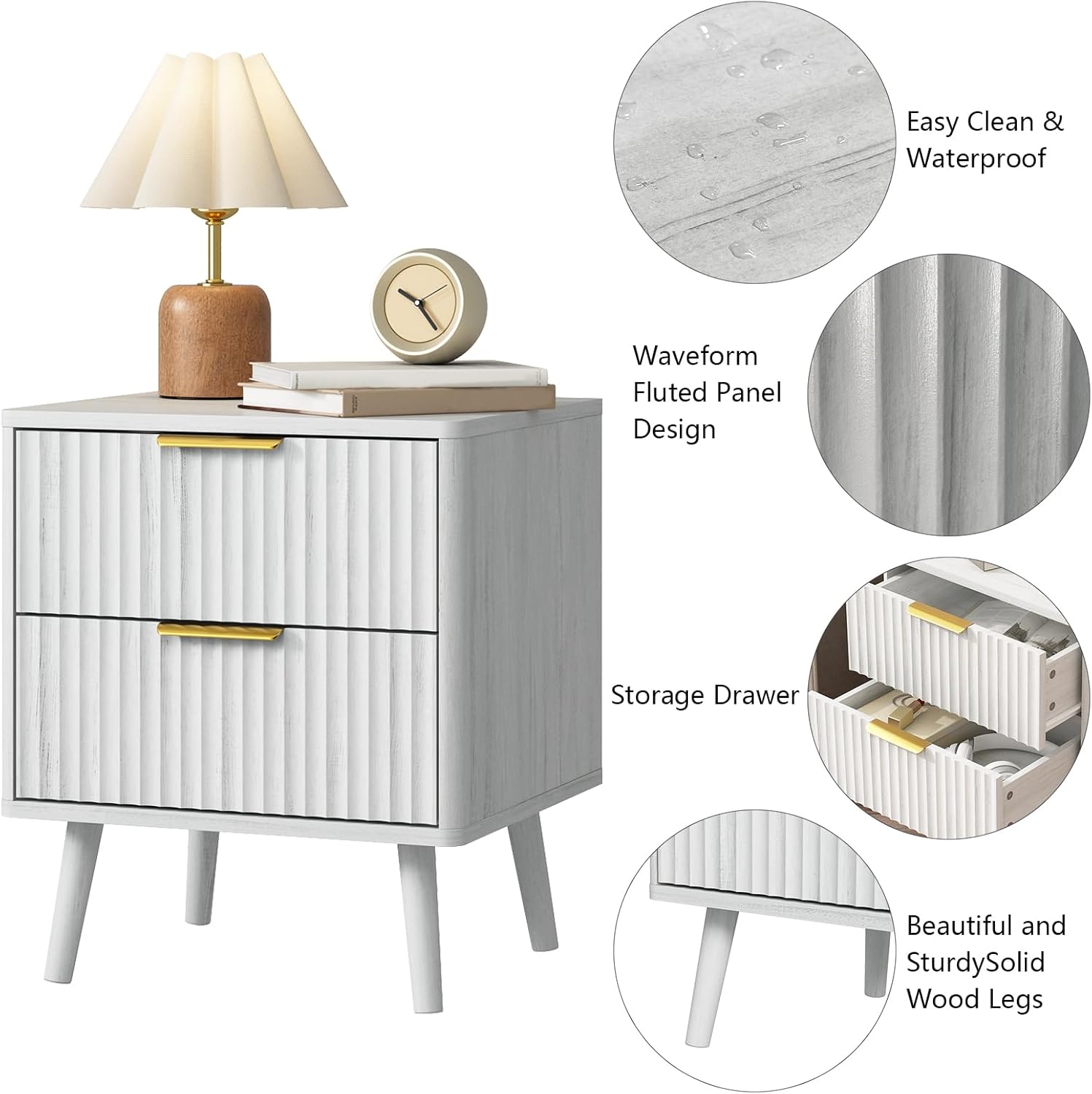 CARPETNAL Fluted Nightstand Set of 2, White Bedside Table with 2 Drawers and Gold Handles, Wood End Table Mid Century Night Stands for Bedroom Living Room