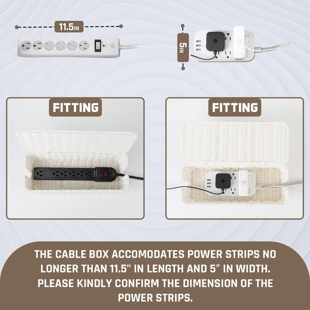 Cable Management Box, Handmade Rattan Cable Organizer, 2 Open Slots Cords Hider Box, Under Desk Cord Organizer for Computer Router USB Hub & Power Strip, Patent Pending, 13" x 5.1" x 5.1", White