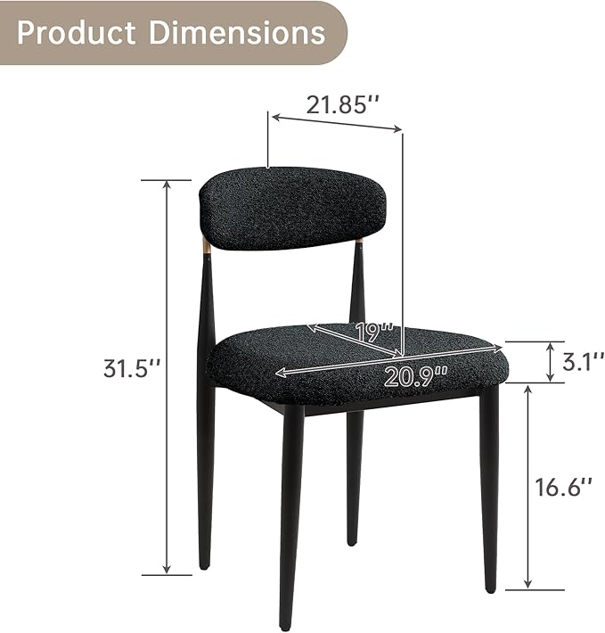 Morden Fort Black Modern Dining Chairs Set of 6, Boucle Upholstered Chairs with Curved Backrest and Sturdy Metal Legs for Dining Room, Kitchen, Living Room and Apartment