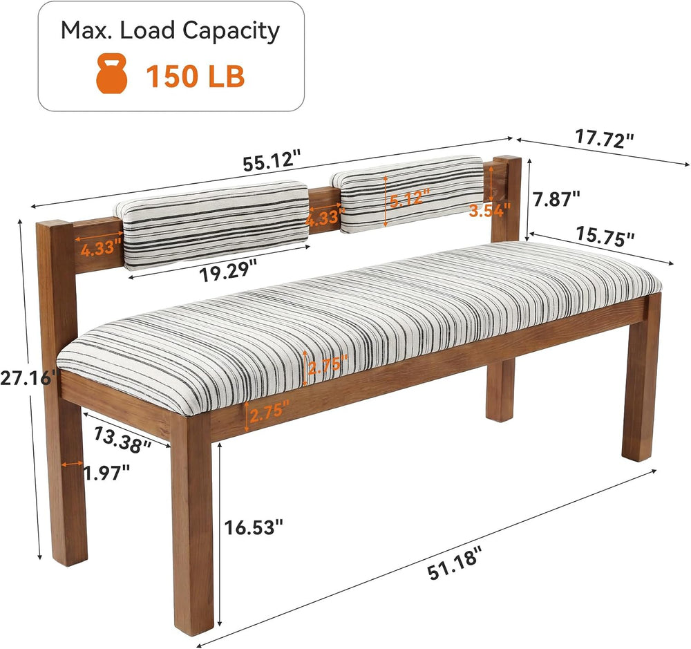 Wood Dining Bench, 55" Upholstered Kitchen Bench with Backrest | Farmhou...