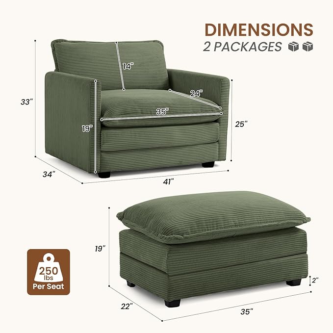 ROWHY Single Armchair with Ottoman, Modern Corduroy Cloud Couch with Converti...