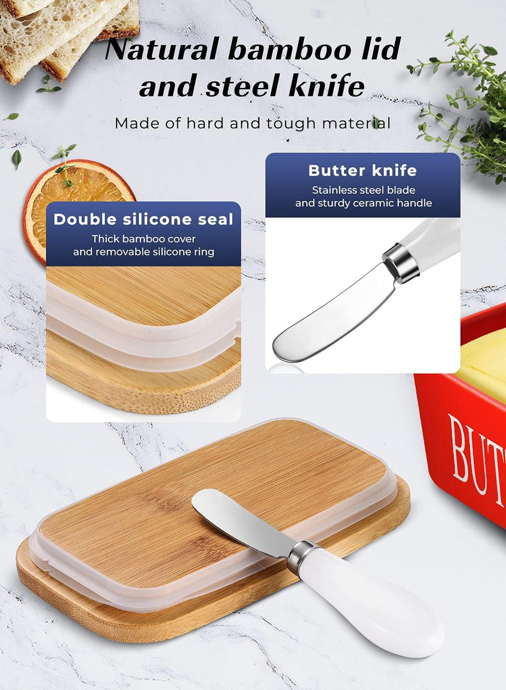 Butter Dish with Lid: Large Butter Container for Countertop - Ceramic Butter Holder for Counter - Butter Tray Butter Keeper with Knife and Sponge Scrubber - Perfect for 2 Sticks of Butter Red