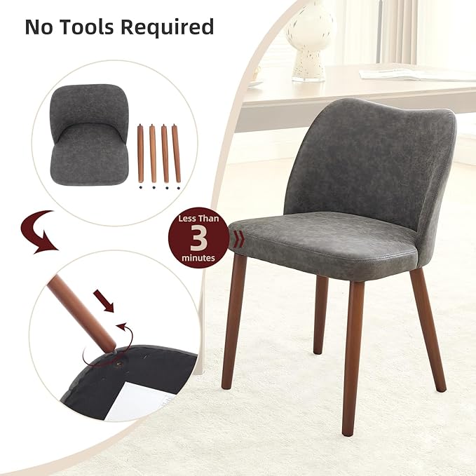 Dining Chair Set of 2, Leather Upholstered Dining Chair with Wood Legs, Wing Backrest, Wooden Kitchen Chair, Kitchen Chairs with Thick Cushions for Dining Room, Living Room, Dark Grey