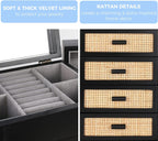 Jewelry Organizer, Rattan Jewelry Box, 5 Layer Wooden Jewelry Organizer Box with Mirror, Jewelry Boxes with 4 Drawers for Women Men, Black Jewelry Storage for Rings Earrings Necklaces Bracelets Watch