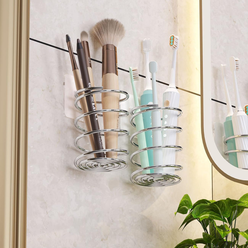 Wall-Mounted Spiral Hair Tool Holder, Adhesive Bathroom Organizer for Toothbrush and Makeup Brushes, Stainless Steel, 8 x 7 cm (2)