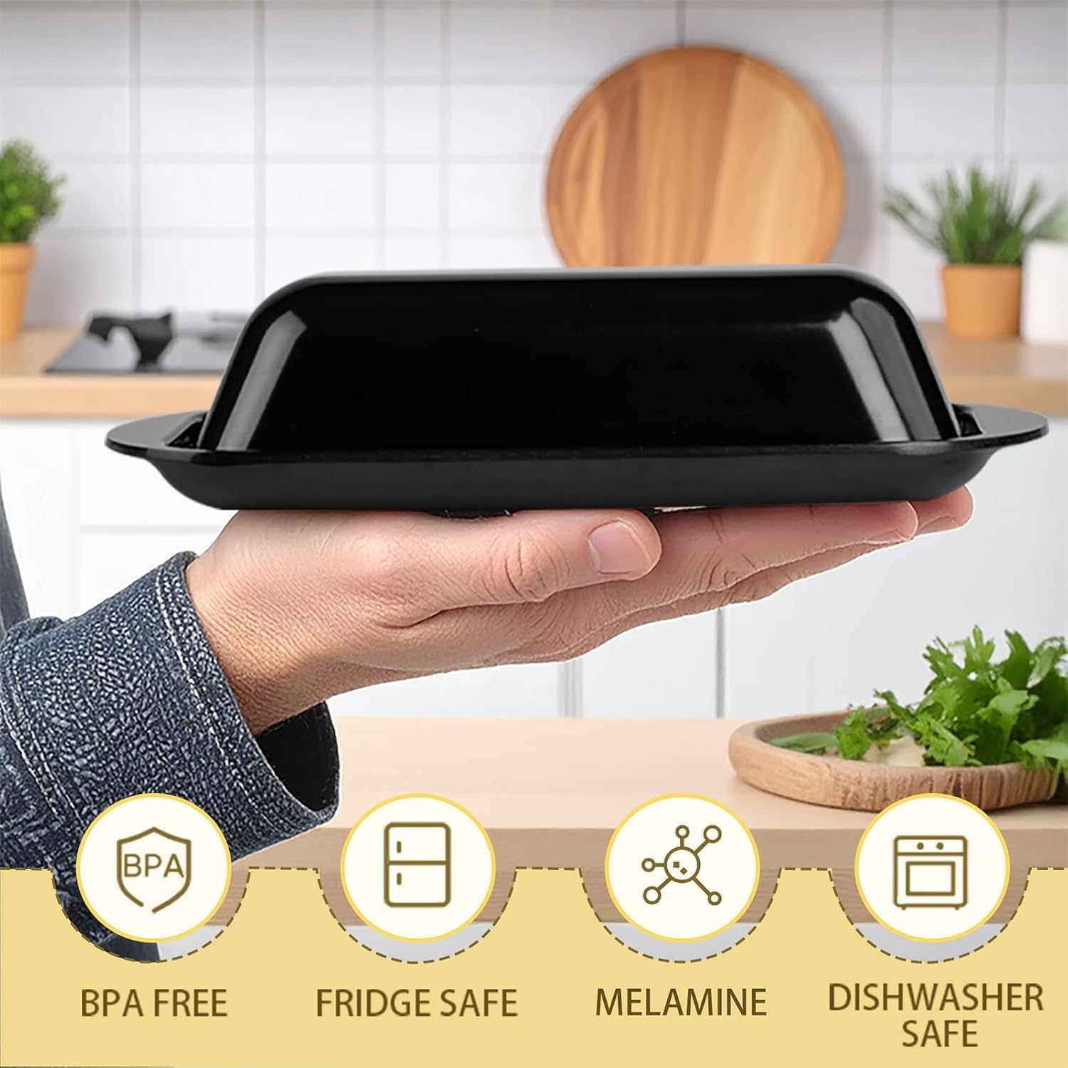 Butter Dish with Lid and Knife, Durable Countertop & Fridge Butter Keeper, BPA-Free Melamine Butter Container, Dishwasher Safe, Fits East/West Coast Butter Sticks (Black)