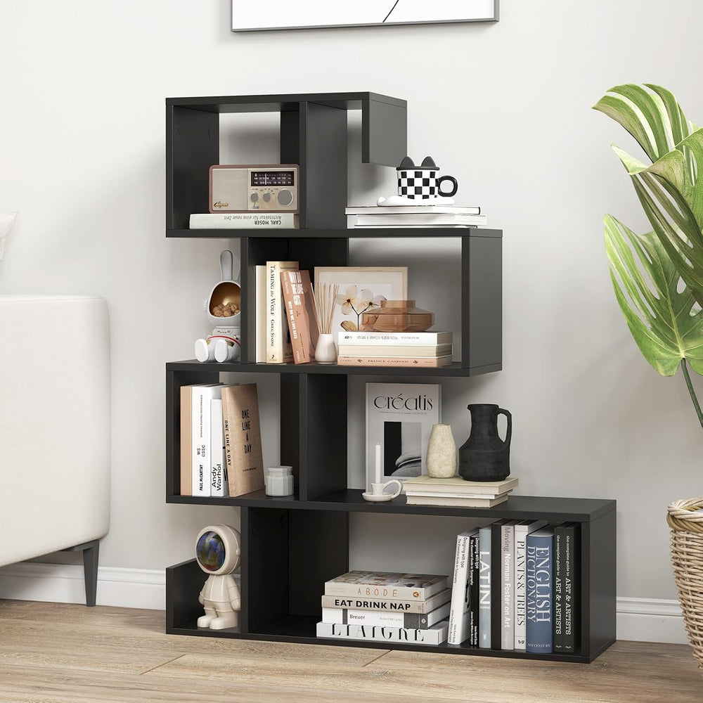 Tangkula S-Shaped Bookshelf, 5-Tier Modern Geometric Stepped Bookcase with An...