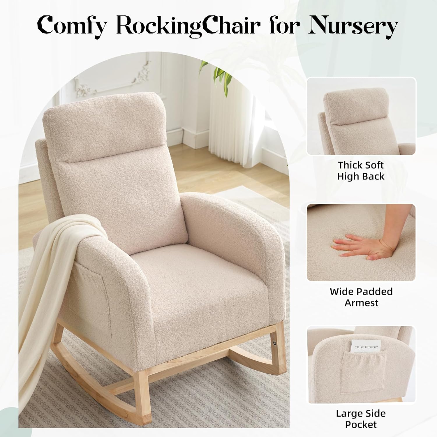 Rocking Chair Nursery, Modern Upholstered Glider Rocker with Side Pocket, High Backrest Padded Seat Accent Armchair for Living Room, Nursery, Bedroom