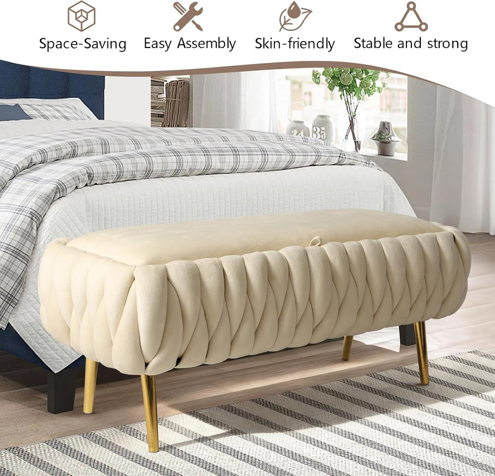End of Bed Bedroom Storage Bench Upholstered, Hand-Woven Storage Ottoman Benc...