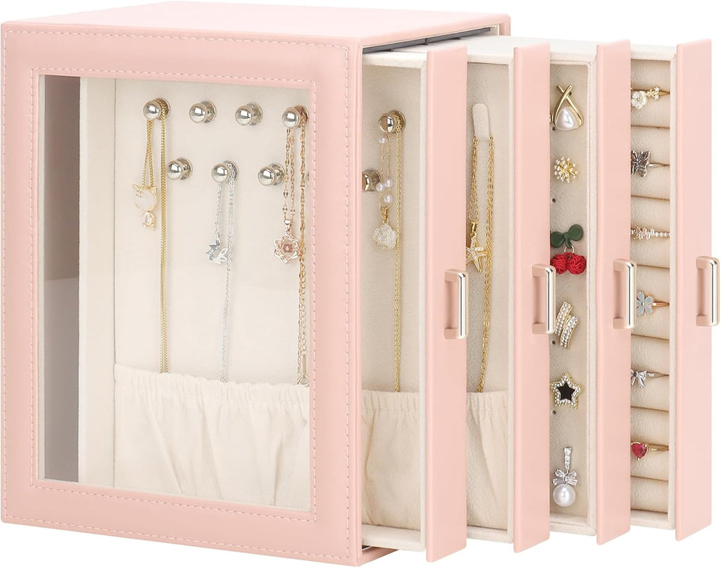 DesignSter Jewelry Box Organizer, Jewelry Box for Women, PU Jewelry Organizer Display Case with Side Drawers, Jewelry Storage for Earring Necklace Ring Bracelet Watch
