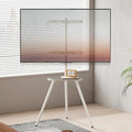 Tripod Easel TV Stand for 43 to 65 Inch LCD Led Screen, Height Adjustable and Swievel TV Stand, Portable TV Floor Stand with Wooden Tray for Bedroom, Living Room, Studio, Metal White.