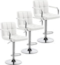 Yaheetech Bar Stools Set of 3, PU Leather Adjustable Barstools with Armrest, Counter Height Stool Chairs with Thickened Seat Cushion for Kitchen Island, White