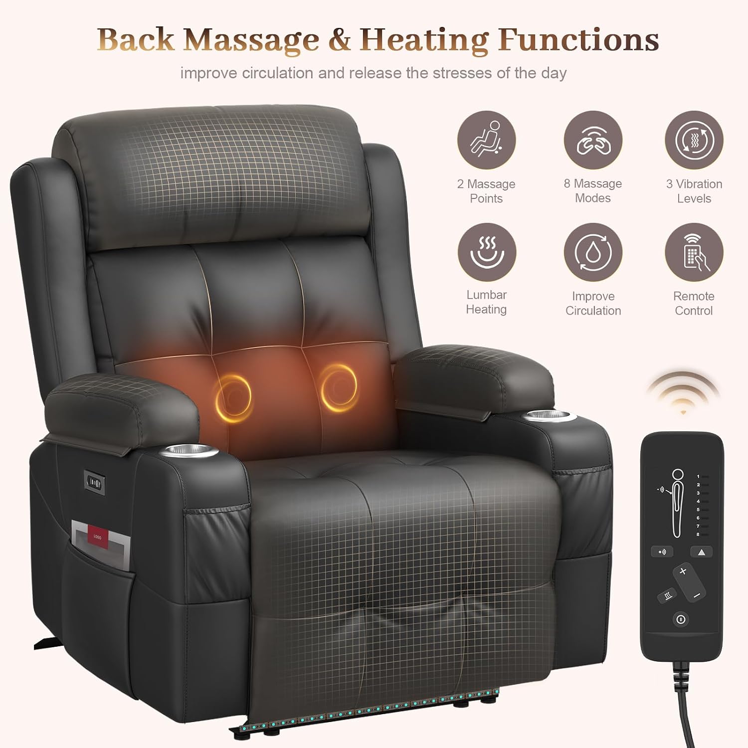 Power Recliner Chair with Heat and Back Massage, Electric Power Oversized Reclining Chair Infinite Position with Storage Armrests & 2 Cup Holders for Living Room, Brown