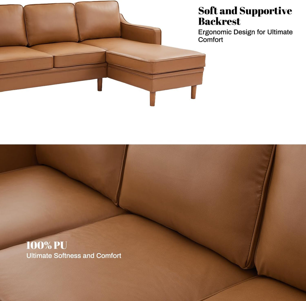 88" L-Shape Sofa, Faux Leather Sectional Couch, Mid Century Modern Couches with Solid Wood Frame for Living Room Bedroom