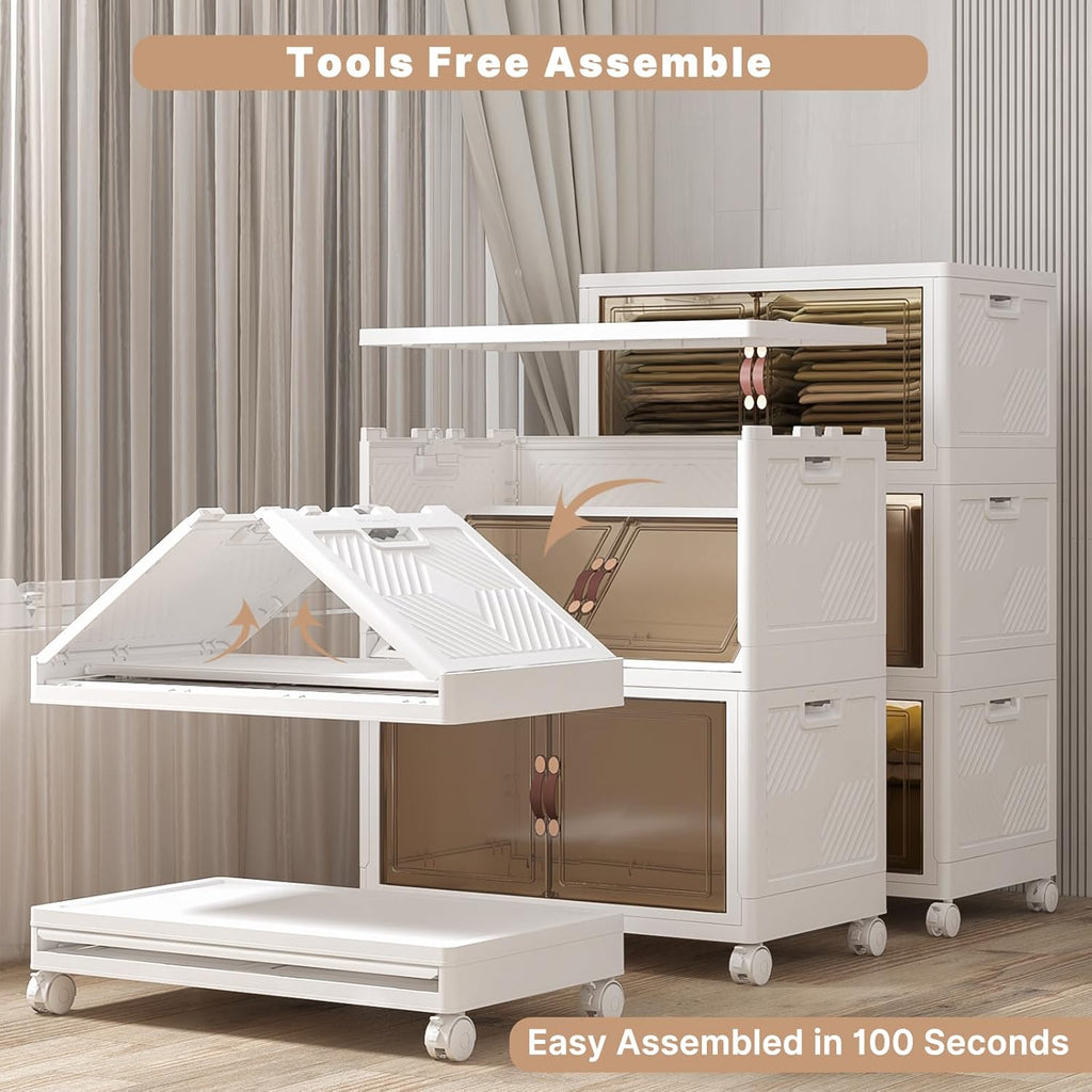 Extra Large Stackable Storage Bins with Lids & Wheels, Foldable Collapsible Closet Organizers Storage Cabinet with Doors for Bedroom Dorm (White, 672QT-168QT/42GAL*4Pack)