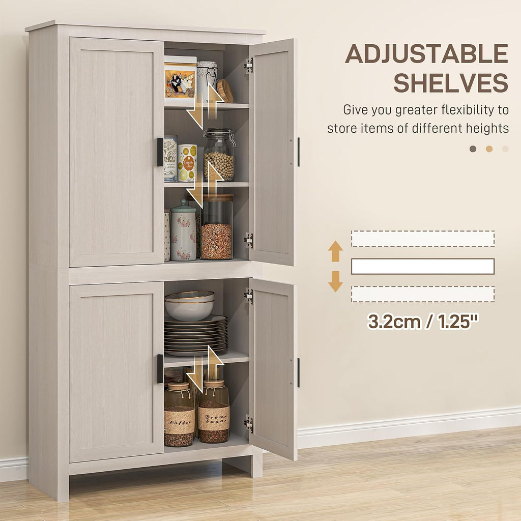 HOMCOM 64" Kitchen Pantry Cabinet Freestanding with 4 Doors Antique White | Storage Cabinet, 3 Adjustable Shelves, for Dining Room