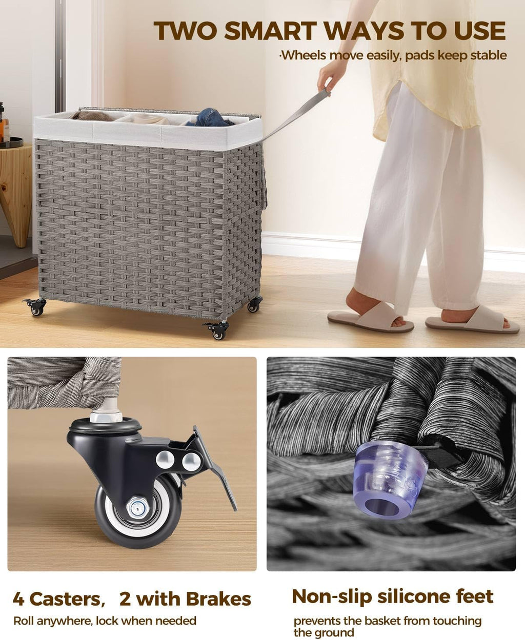 GREENSTELL Laundry Hamper with Wheels&Lid, 130L Large 3 Sections Clothes Hamper with 2 Types Removable Liner Bags, 5 Mesh Laundry Bags, Handwoven Divided Laundry Basket Gray