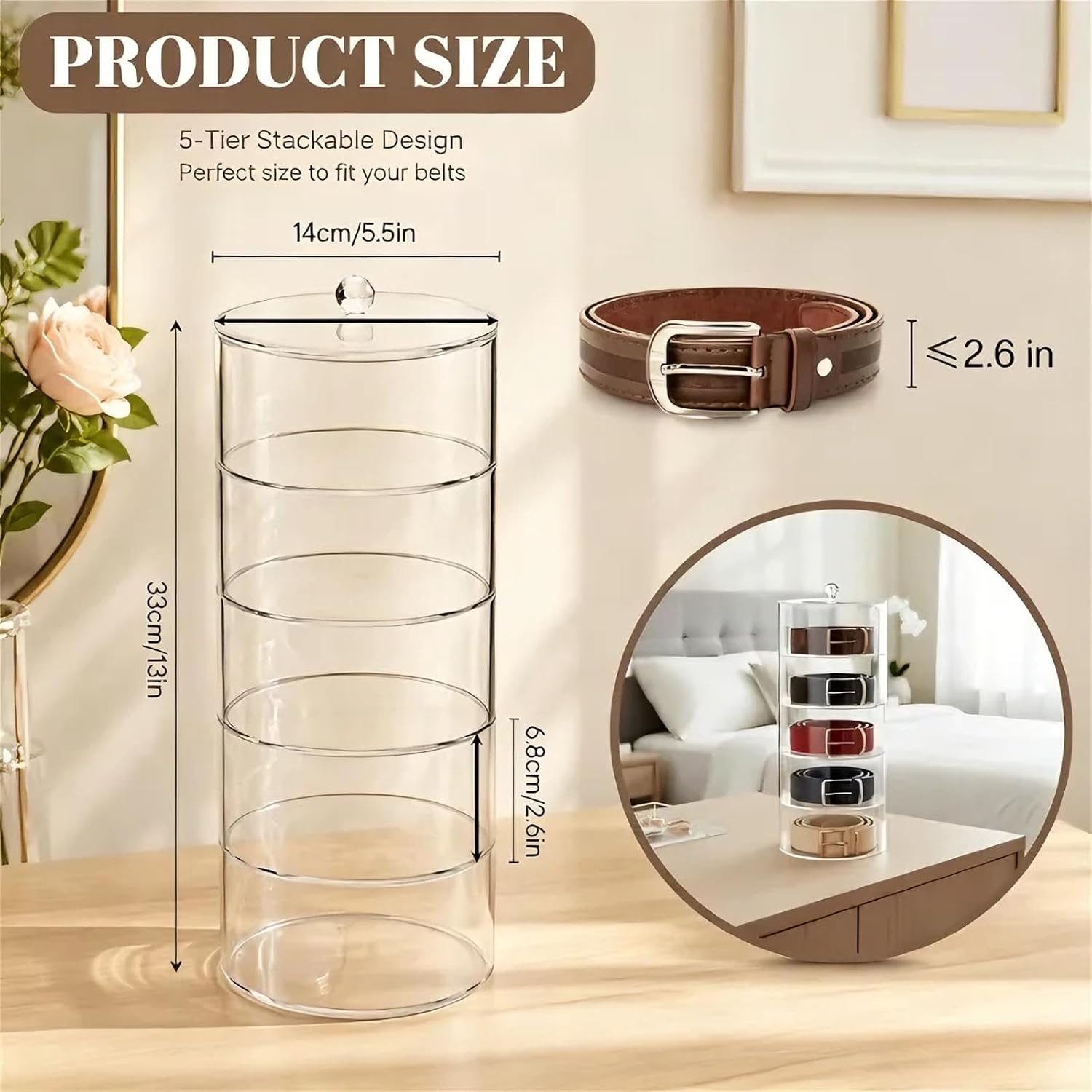 ZENFUN 5 Layers Acrylic Belt Organizer, Stackable Belt Storage Box Clear Display Case Vanity Organizer for Watch, Hair Accessories, Jewelry, Closet and Drawer, 2.6" H x 5.5" Dia