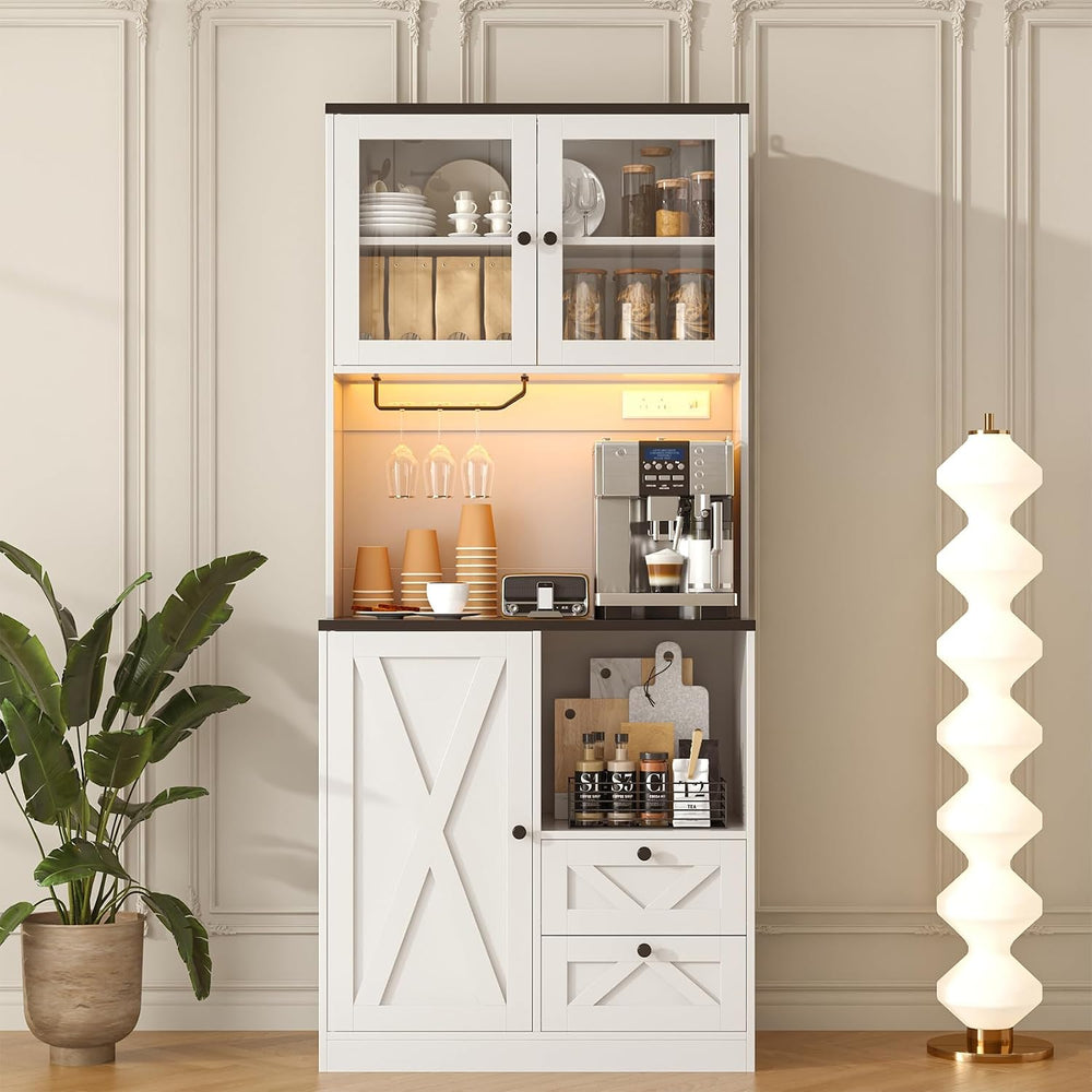 71" Tall Coffee Bar Cabinet with Storage Hutch, Farmhouse Kitchen Pantry...