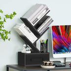 Small Book Shelf with Drawer,4 Tier Black Tree Bookshelf,Wooden Desktop Bookcase,Modern Desk Display Storage Bookshelves,Floor Standing Organizer Bookcases for Living Room,Bedroom,Office